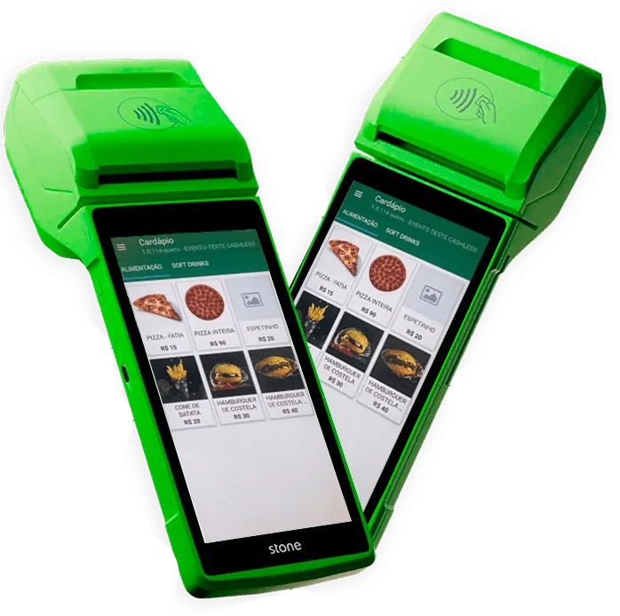 Duas maquininhas Gototem SMART exibindo o cardápio na tela